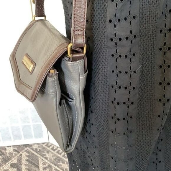 Tignanello Multi Compartment Small Crossbody Bag-Grey Leather/Brown Trim - Picture 4 of 11